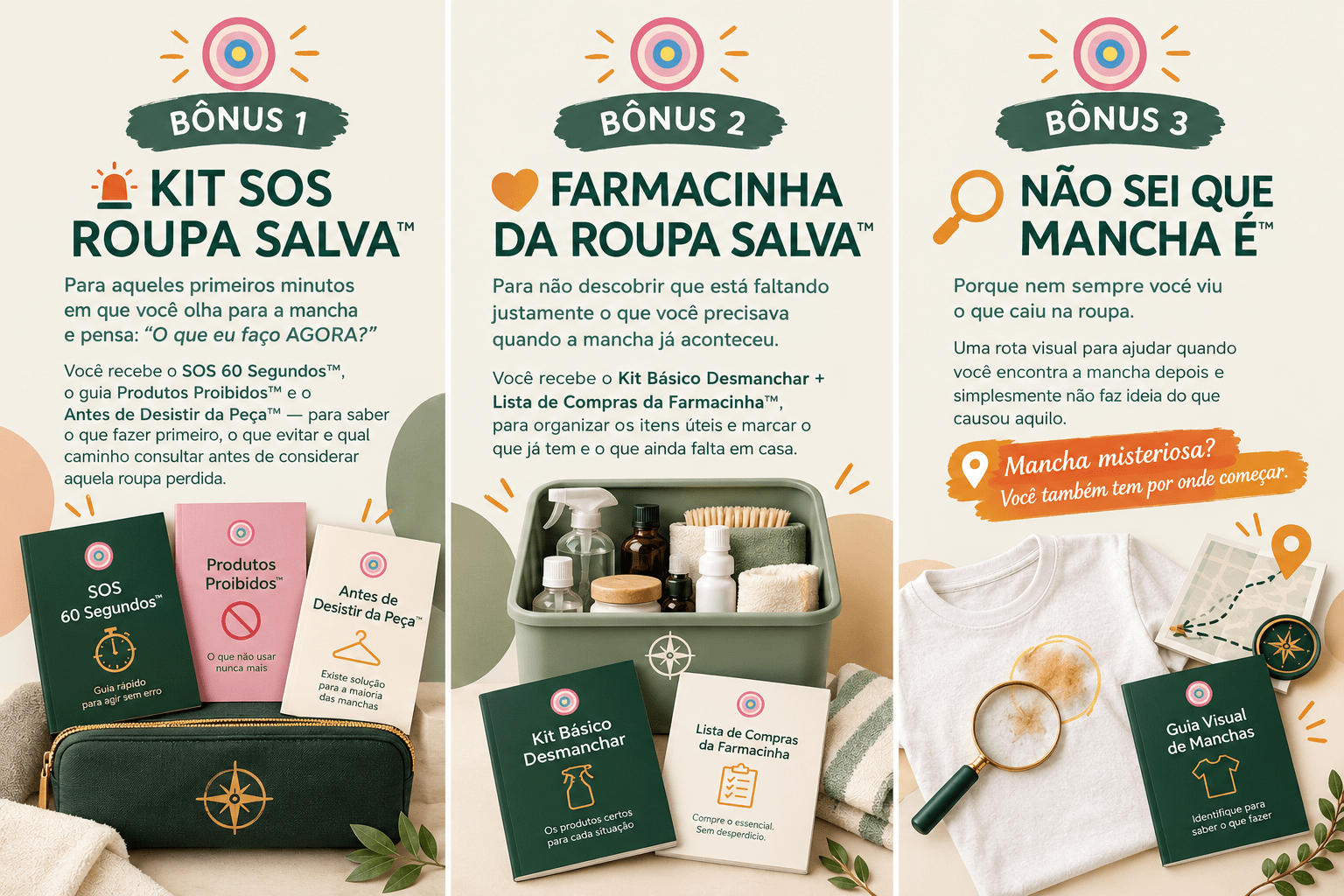 Três bônus: Kit SOS Roupa Salva, Farmacinha da Roupa Salva e Não Sei Que Mancha É