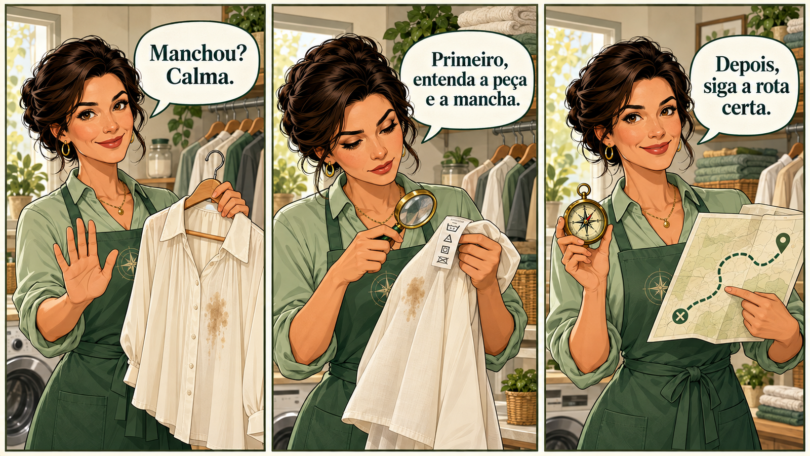 Lise explica em três quadrinhos: Manchou? Calma. Primeiro, entenda a peça e a mancha. Depois, siga a rota certa.